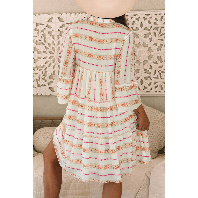 Orange Bohemian Printed Bracelet Sleeve Slit Neck Ruffled Loose Dress