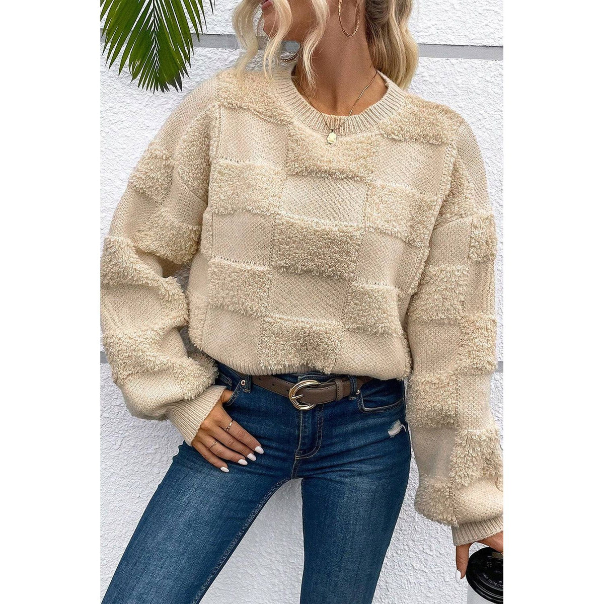 Parchment Checkered Sherpa Crew Neck Loose Sweater