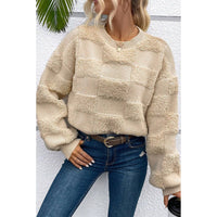 Parchment Checkered Sherpa Crew Neck Loose Sweater
