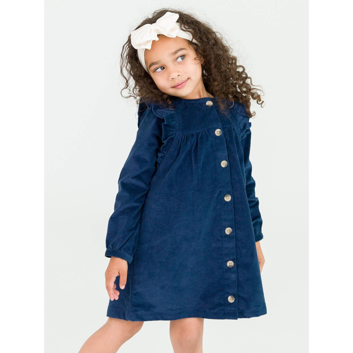Girls Dark Navy Stretch Corduroy Ruffle Detail Dress