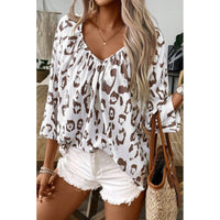 Leopard Print Ruched V Neck 3/4 Sleeve Blouse