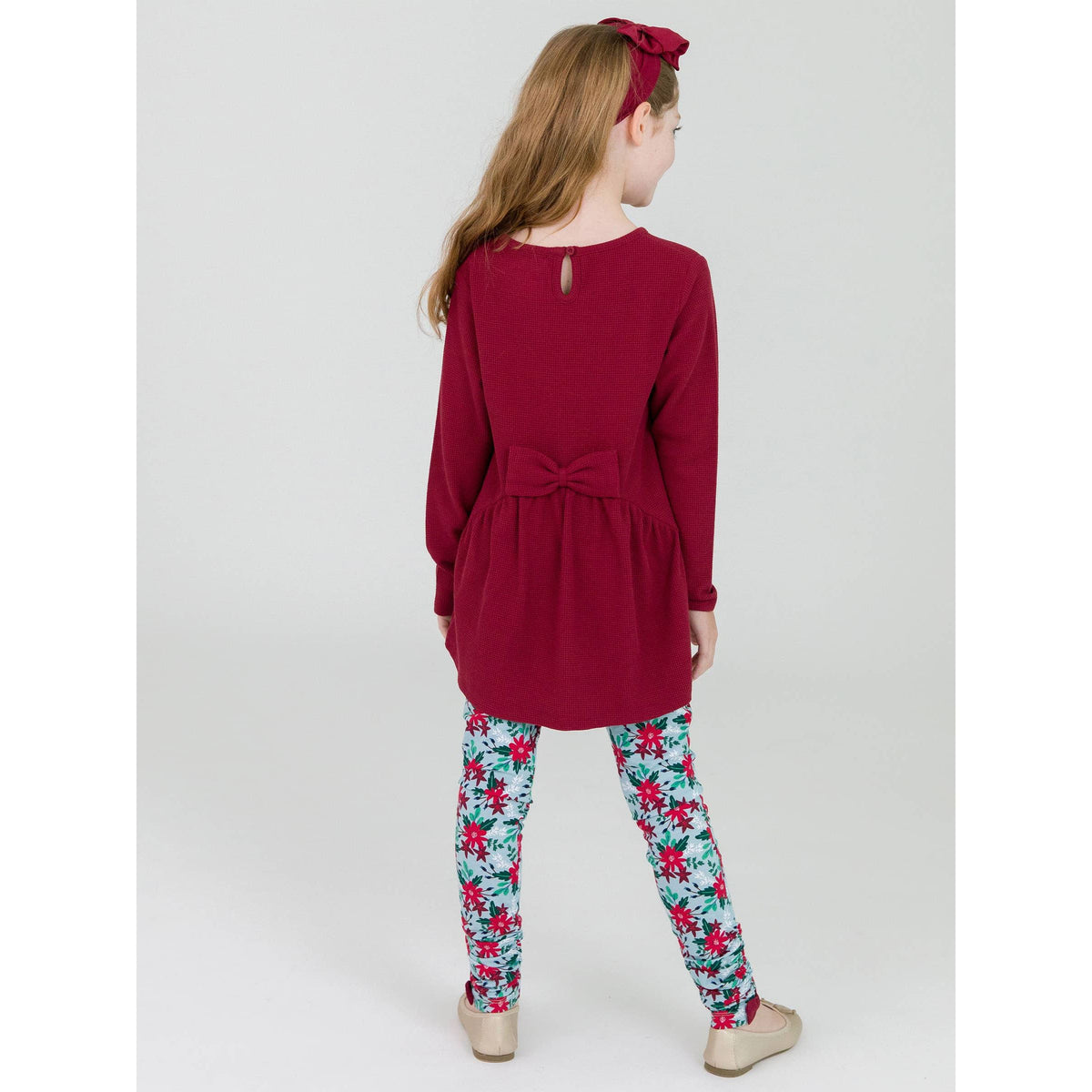 Girls Dark Cherry Waffle Knit Long Sleeve Bow Back Top