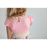 Girls Peach & Green Floral Gingham Spring Summer Ruffle Dress