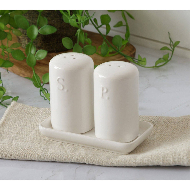 White Cottage Ceramic Salt & Pepper + Tray