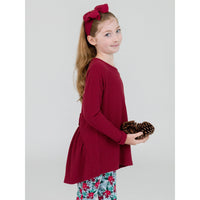 Girls Dark Cherry Waffle Knit Long Sleeve Bow Back Top