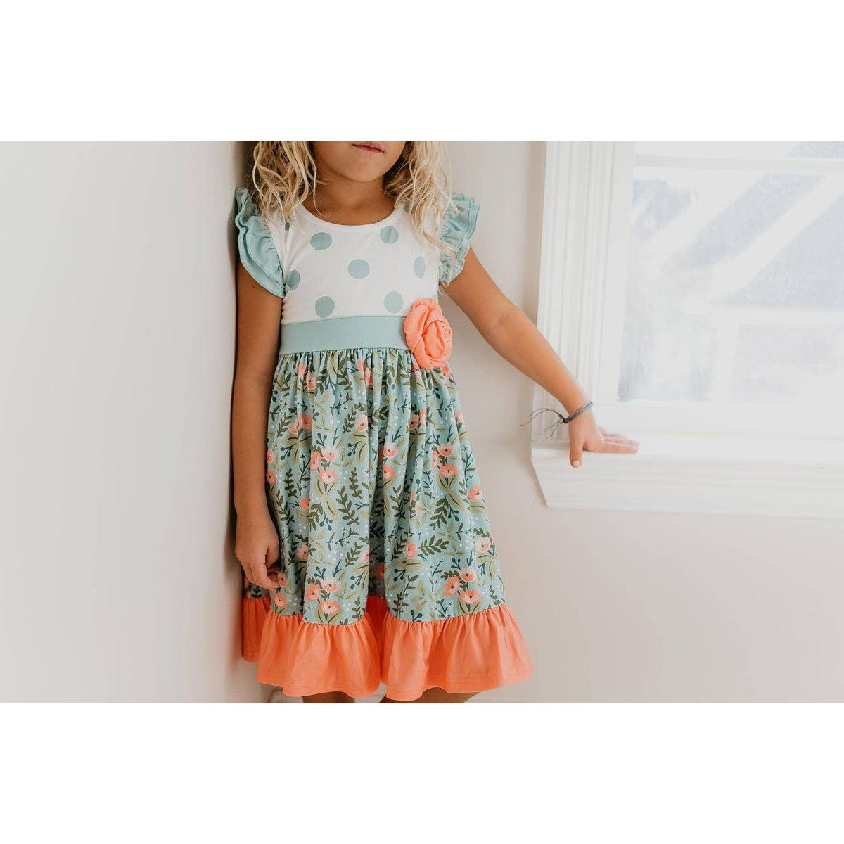 Girls Sage & Dusty Blue Floral Rosette Summer Twirl Dress