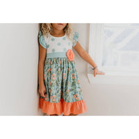 Girls Sage & Dusty Blue Floral Rosette Summer Twirl Dress