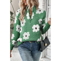 Women's Floral Pattern Half Zip Drop Shoulder Sweater