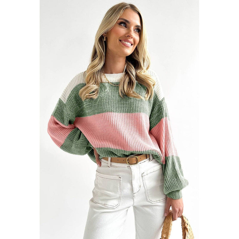 Green Colorblock Drop Shoulder Pullover Loose Sweater