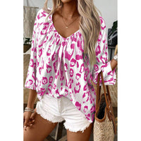 Leopard Print Ruched V Neck 3/4 Sleeve Blouse