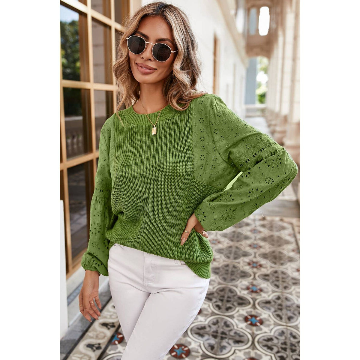 Green Eyelet Drop Shoulder Patchwork Pullover Sweater