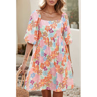 Pink Summer Floral Square Neck Puff Sleeve Babydoll Dress