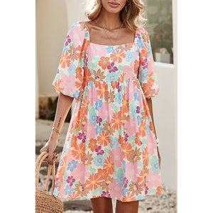 Pink Summer Floral Square Neck Puff Sleeve Babydoll Dress