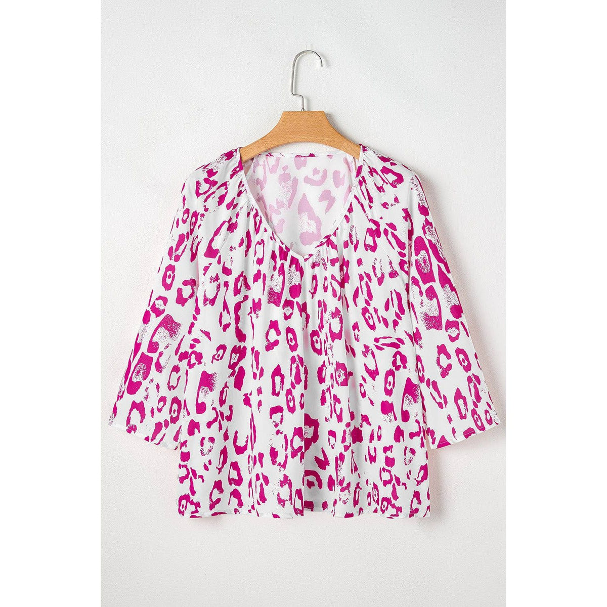 Leopard Print Ruched V Neck 3/4 Sleeve Blouse