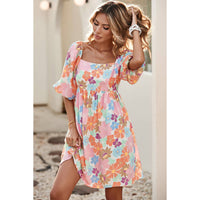 Pink Summer Floral Square Neck Puff Sleeve Babydoll Dress