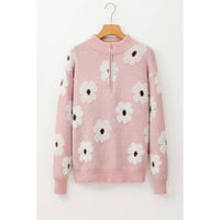Women's Floral Pattern Half Zip Drop Shoulder Sweater