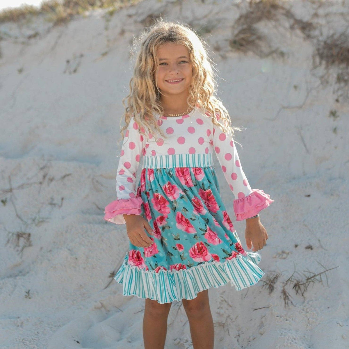 Kids Pink & Teal Floral Polka Dot Ruffle Twirl Dress