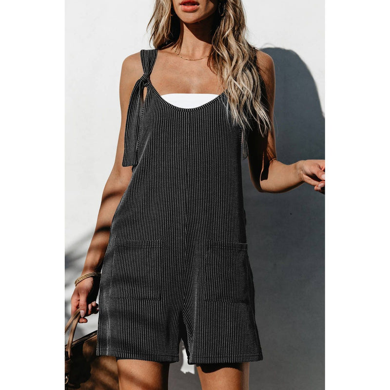 Grey Striped Print Knotted Straps Romper