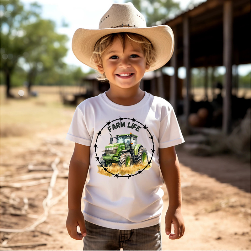 Farm Life Red Tractor with Barb Wire Youth Kids Tee Shirt