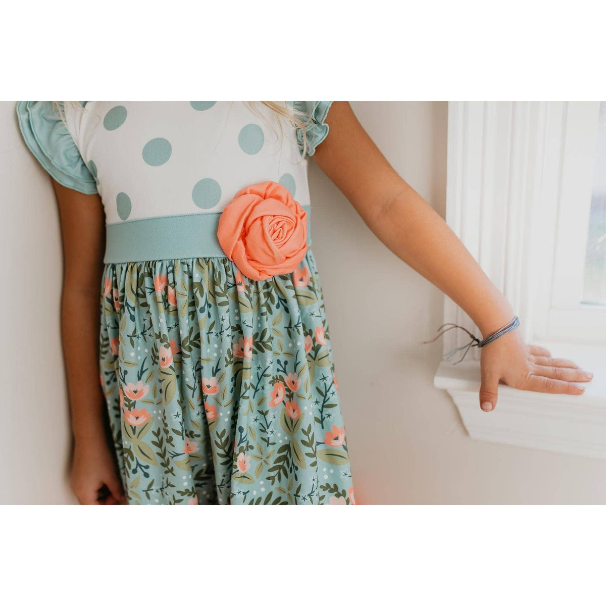 Girls Sage & Dusty Blue Floral Rosette Summer Twirl Dress