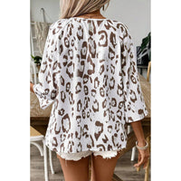 Leopard Print Ruched V Neck 3/4 Sleeve Blouse