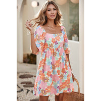 Pink Summer Floral Square Neck Puff Sleeve Babydoll Dress