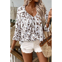 Leopard Print Ruched V Neck 3/4 Sleeve Blouse