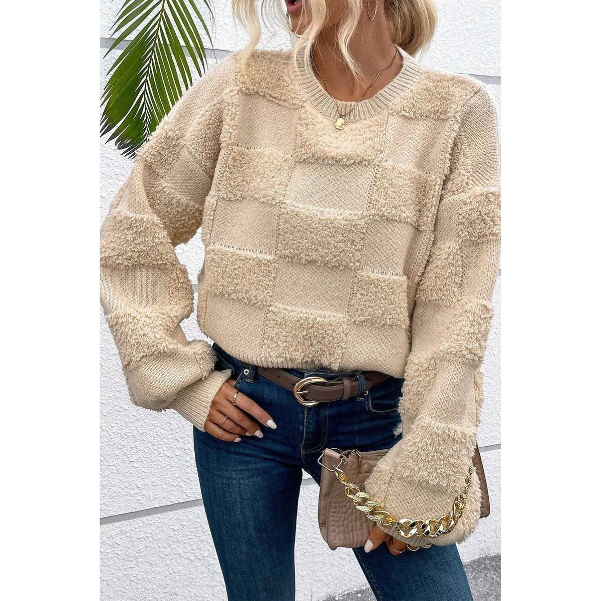 Parchment Checkered Sherpa Crew Neck Loose Sweater