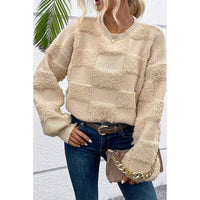 Parchment Checkered Sherpa Crew Neck Loose Sweater