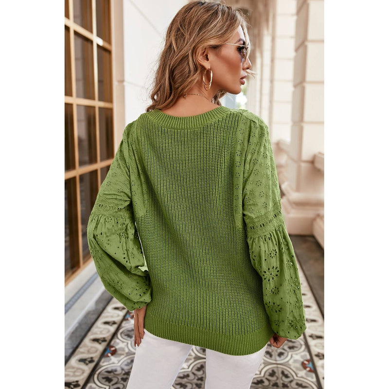 Green Eyelet Drop Shoulder Patchwork Pullover Sweater