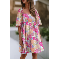 Pink Summer Floral Square Neck Puff Sleeve Babydoll Dress