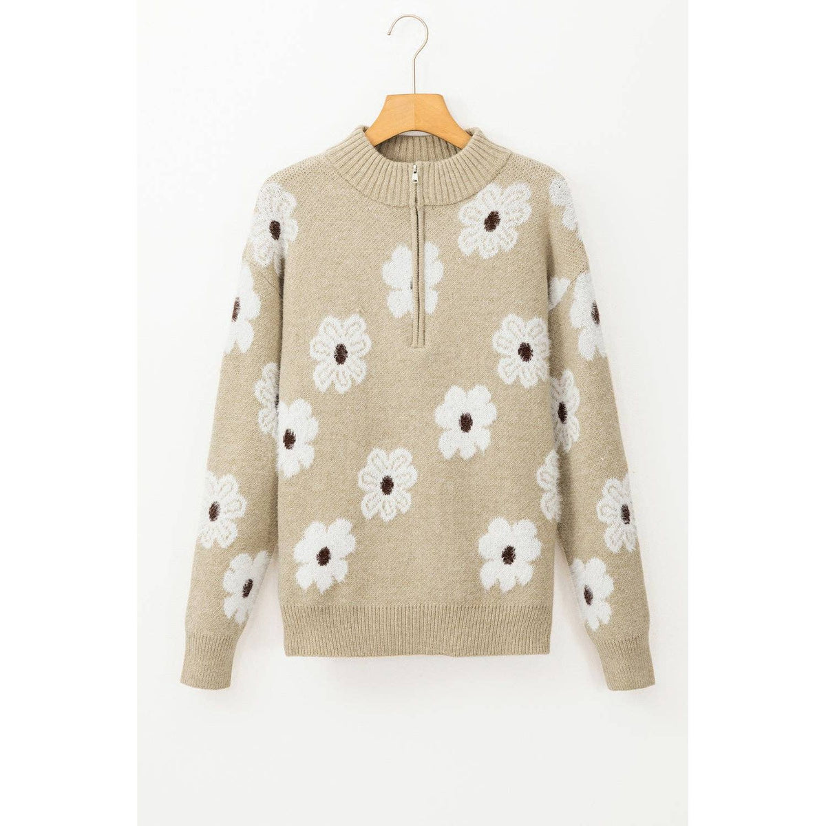 Women's Floral Pattern Half Zip Drop Shoulder Sweater