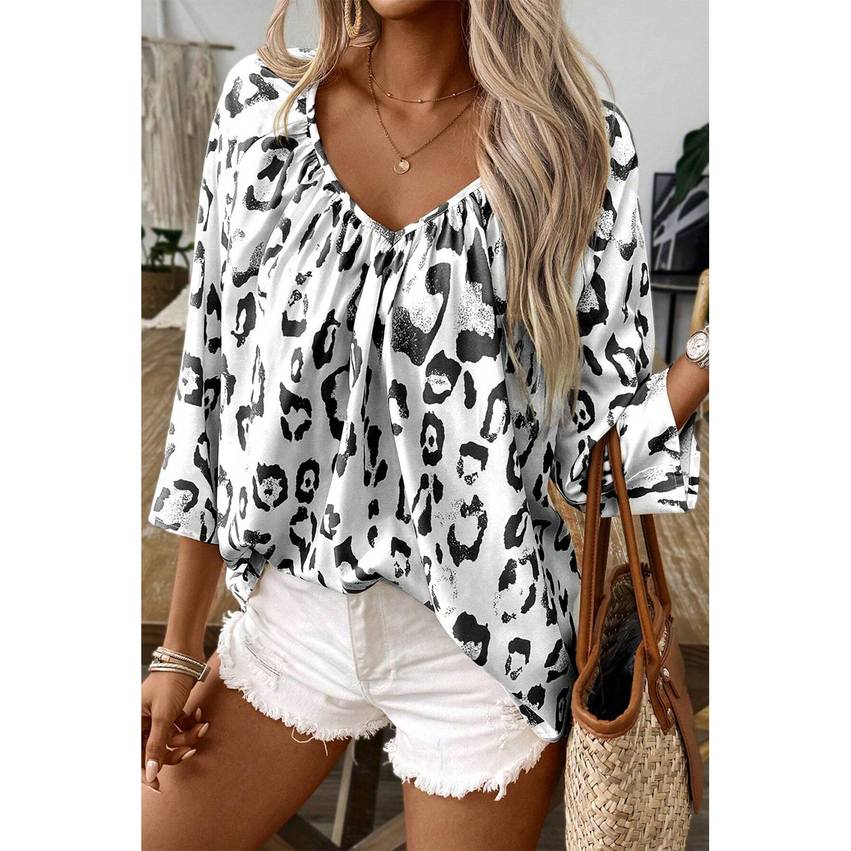 Leopard Print Ruched V Neck 3/4 Sleeve Blouse