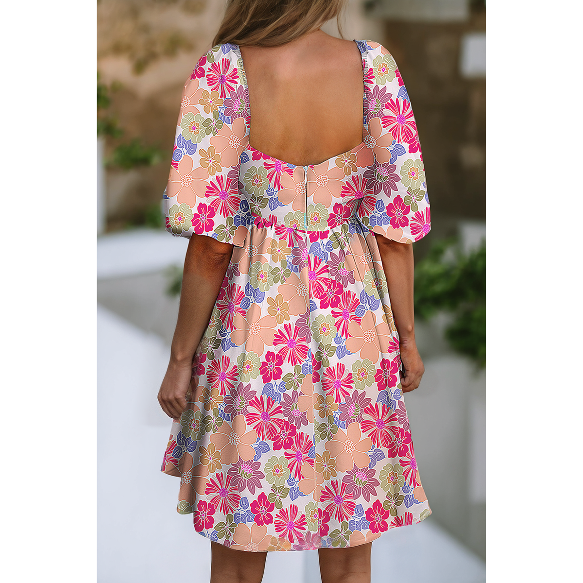 Pink Summer Floral Square Neck Puff Sleeve Babydoll Dress