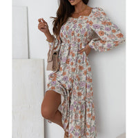 Multicolor Floral Smocked Long Sleeve Pocketed Dress