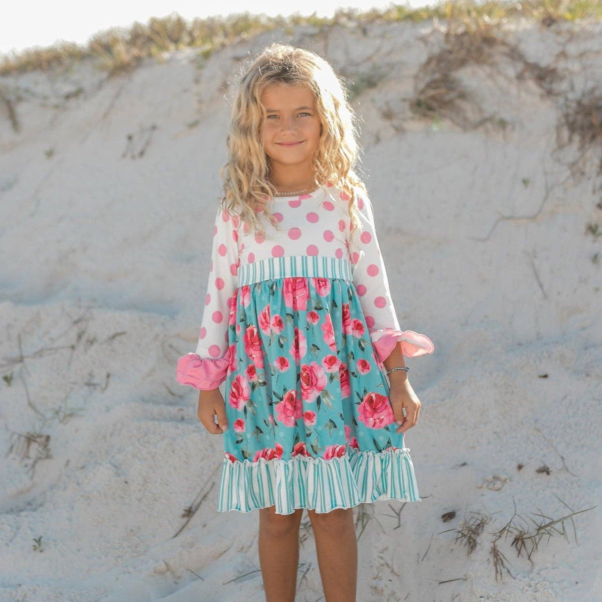 Kids Pink & Teal Floral Polka Dot Ruffle Twirl Dress