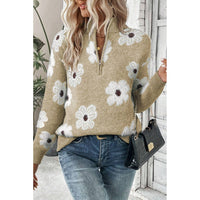 Women's Floral Pattern Half Zip Drop Shoulder Sweater