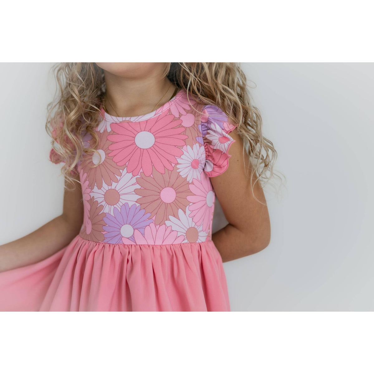 Girls Pink Purple Retro Daisy Hi-Lo Flutter Sleeve Dress