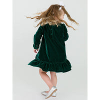 Girls Dark Hunter Green Velvet Long Sleeve Drop Waist Dress