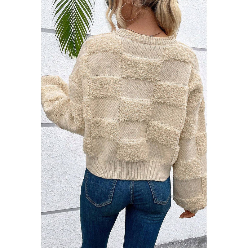 Parchment Checkered Sherpa Crew Neck Loose Sweater
