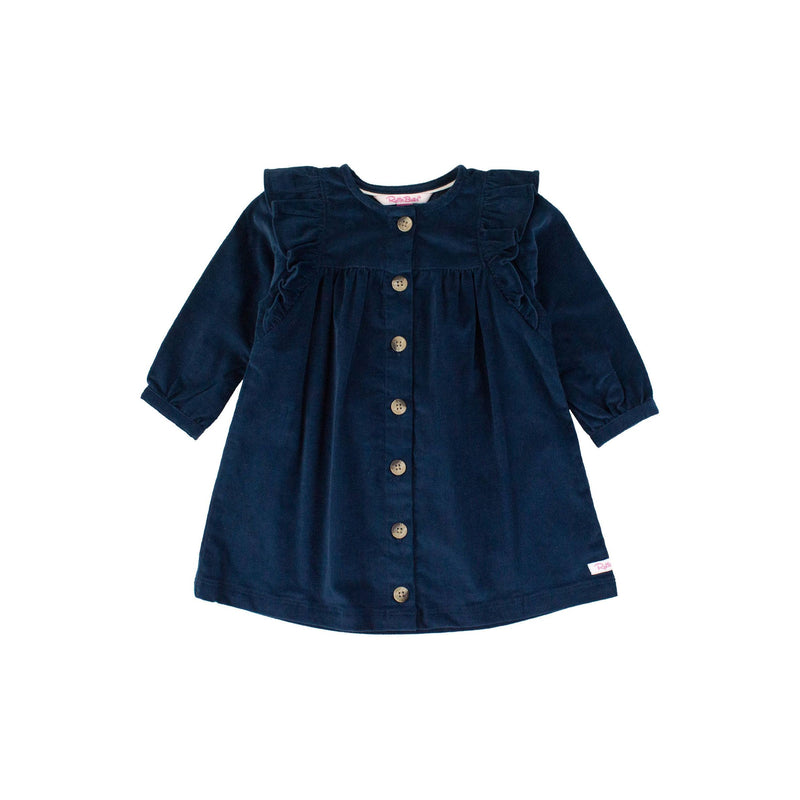 Girls Dark Navy Stretch Corduroy Ruffle Detail Dress