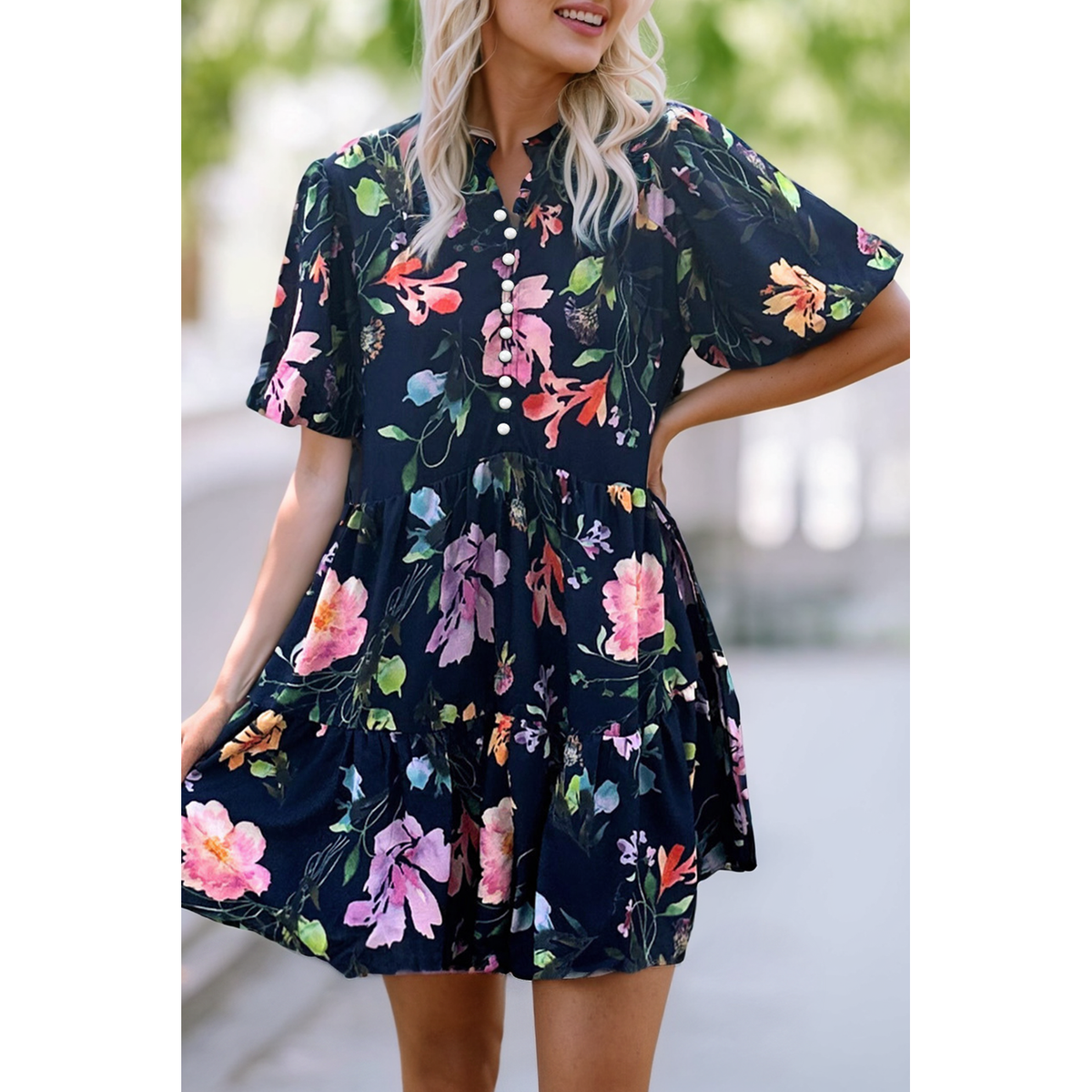 Floral Short Bubble Sleeve Button Mandarin Collar Dress