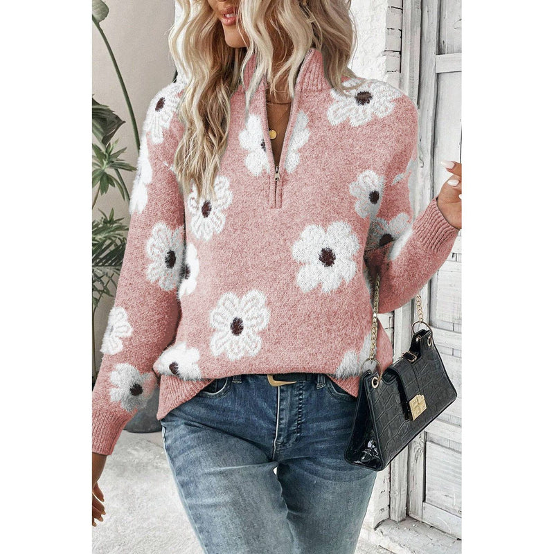 Women's Floral Pattern Half Zip Drop Shoulder Sweater