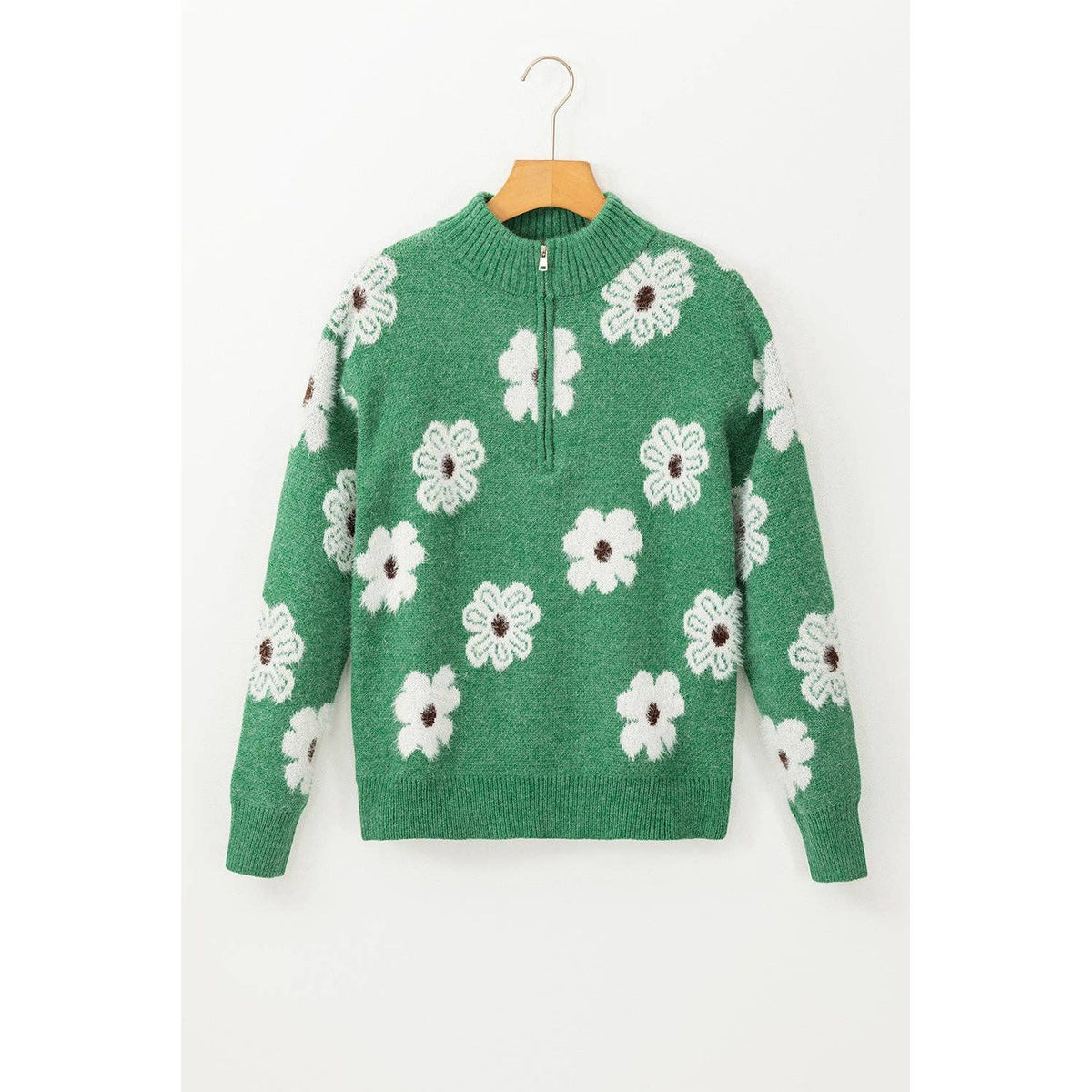 Women's Floral Pattern Half Zip Drop Shoulder Sweater