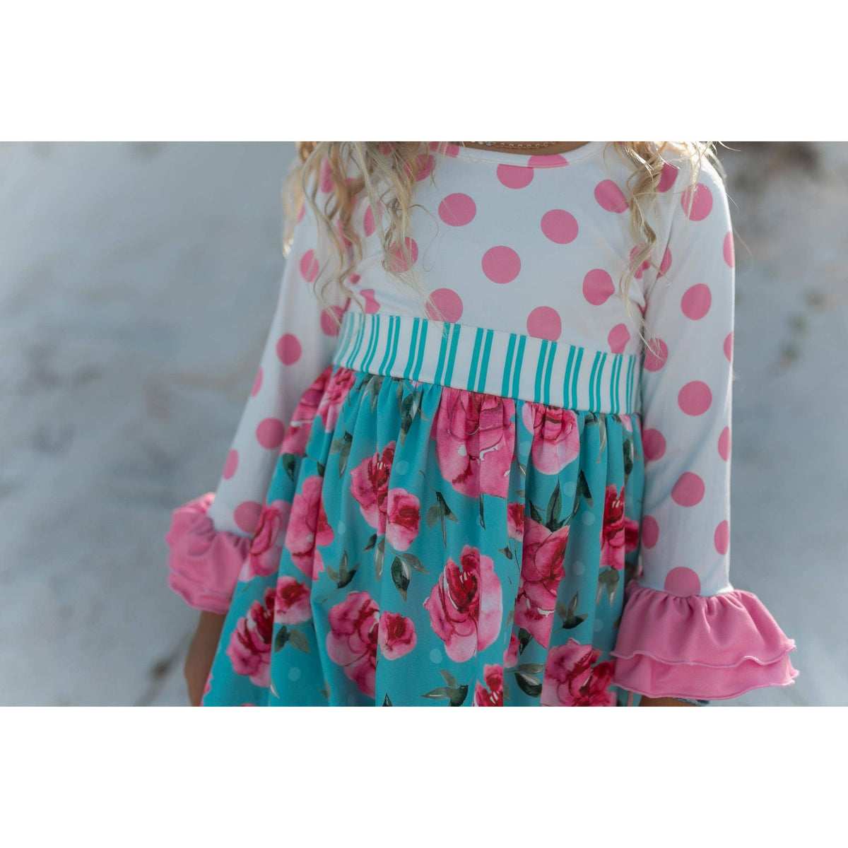 Kids Pink & Teal Floral Polka Dot Ruffle Twirl Dress