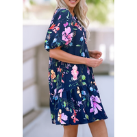 Floral Short Bubble Sleeve Button Mandarin Collar Dress