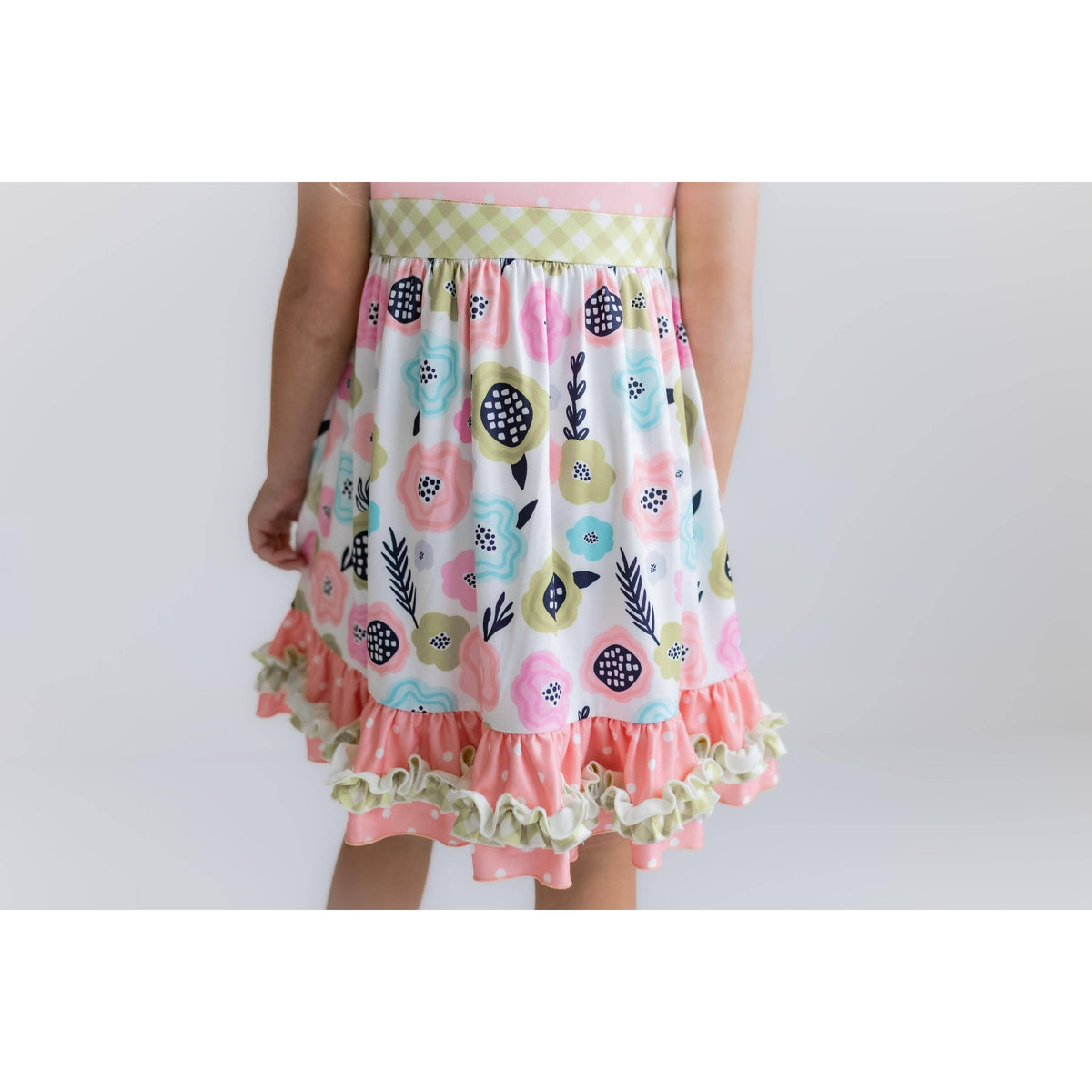 Girls Peach & Green Floral Gingham Spring Summer Ruffle Dress