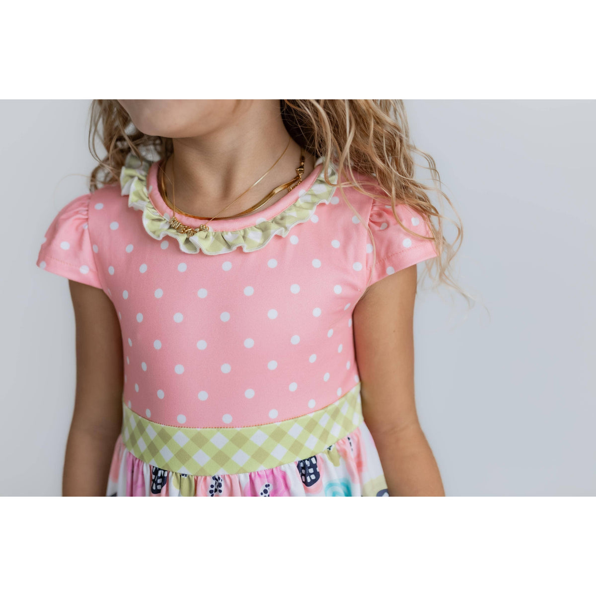 Girls Peach & Green Floral Gingham Spring Summer Ruffle Dress