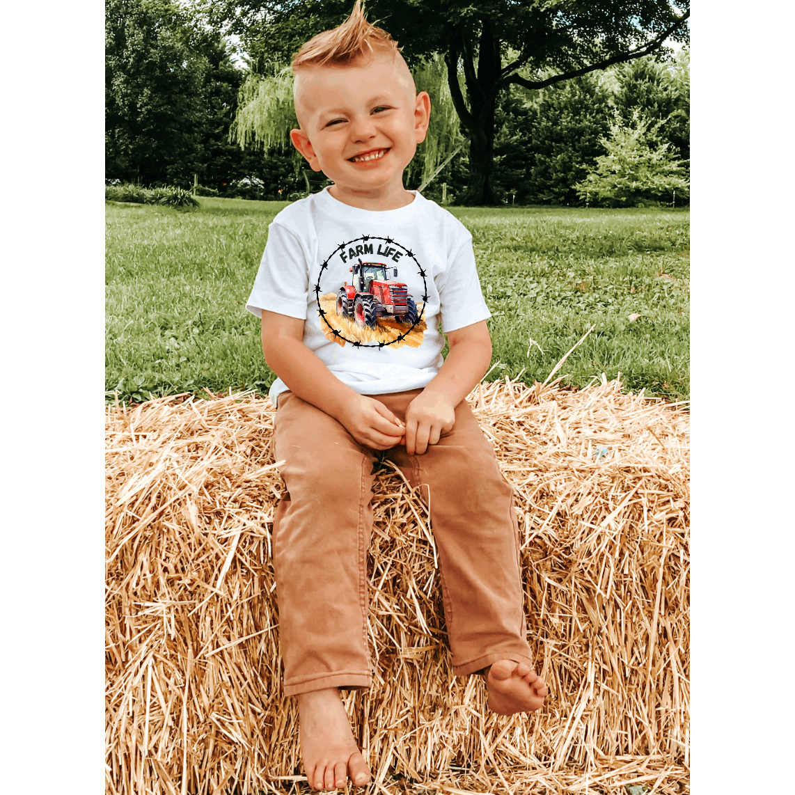 Farm Life Red Tractor with Barb Wire Youth Kids Tee Shirt