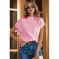 Pink Patch Pocket Ribbed Knit Short Sleeve Sweater